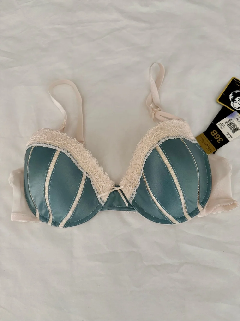 NWT Marilyn Monroe Teal Blue Lace Push Up Bra 36B Retro Boudoir Lingerie